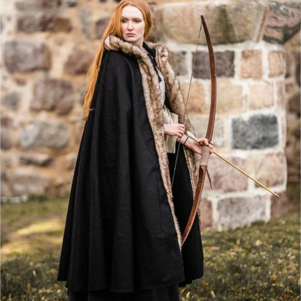 Black Hooded Pirate Cape | Wool with Faux Fur Trim - Image 4