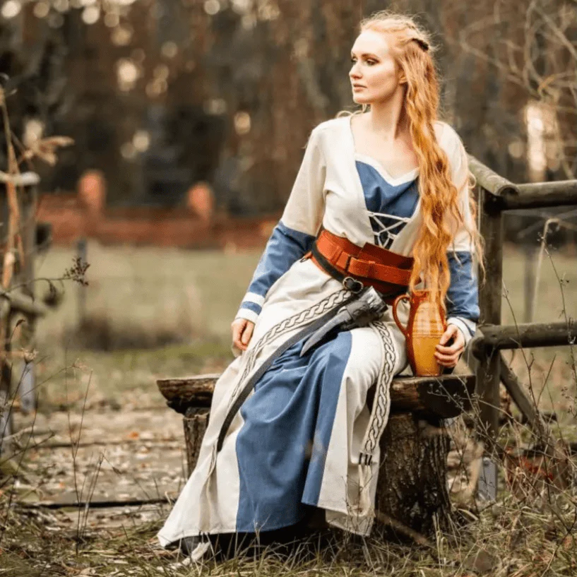 Natural and Blue Cotton Viking-Inspired Pirate Dress | Long-Sleeve - Image 8